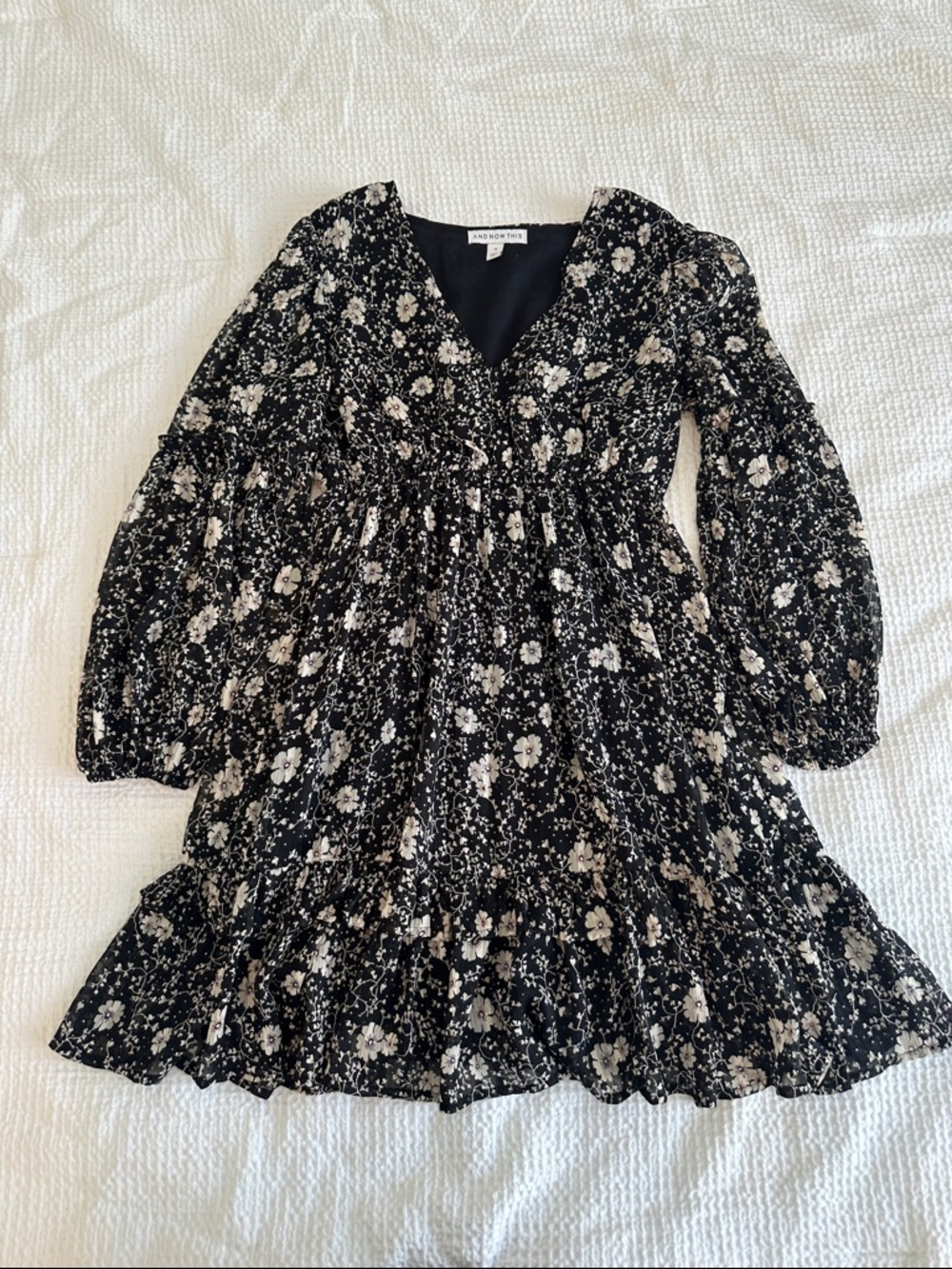 Smocked Black Floral V-Neck Casual Dress